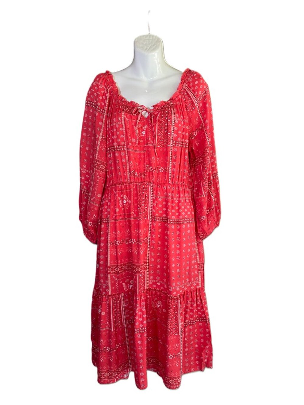 BeachLunchLounge Red Patterned Peasant Midi Dress Size:S
